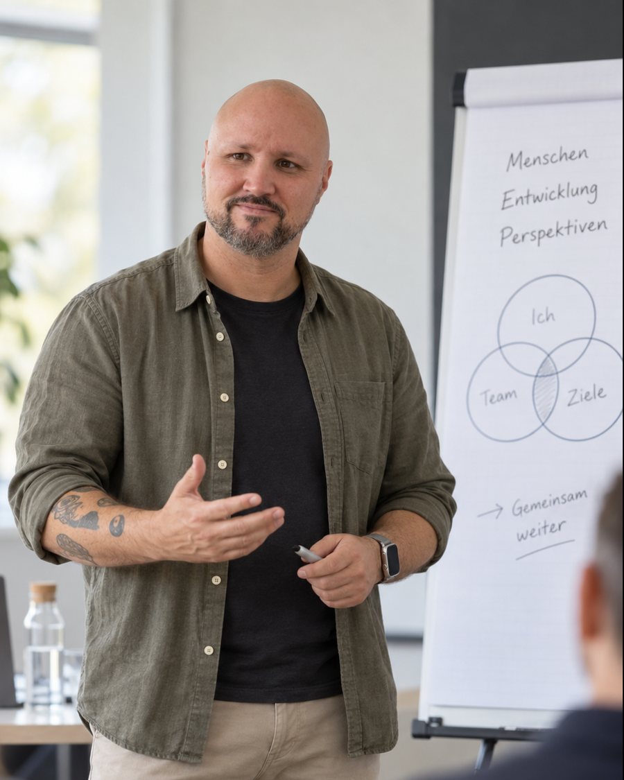 Nino moderiert einen Workshop am Flipchart